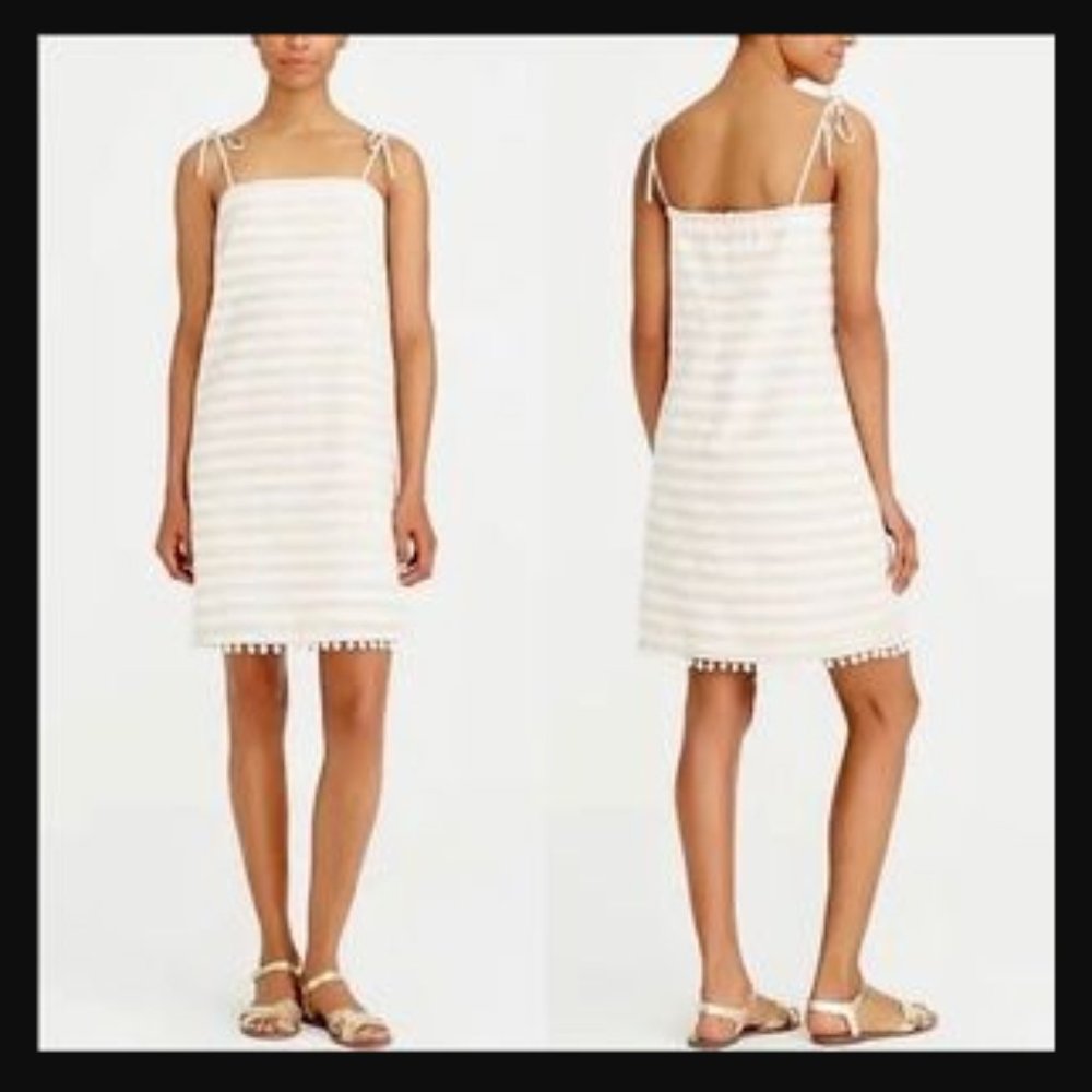 J CREW FACTORY striped linen blend dress with pompom trim